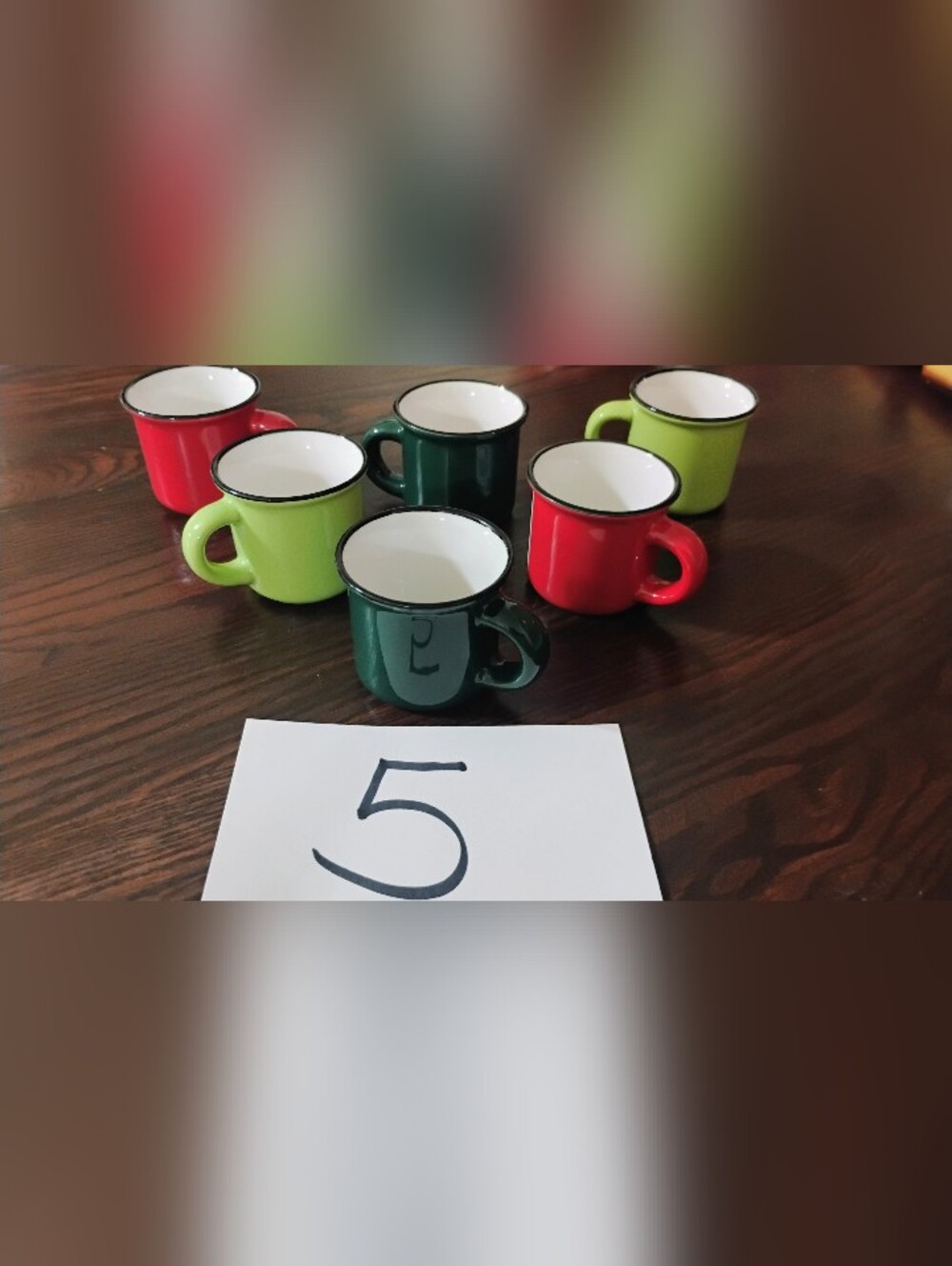 Sleigh Bell Bistro Ceramic Mini Coffee Cups Set 2 Red 2 Dark Green 2 Lime Green